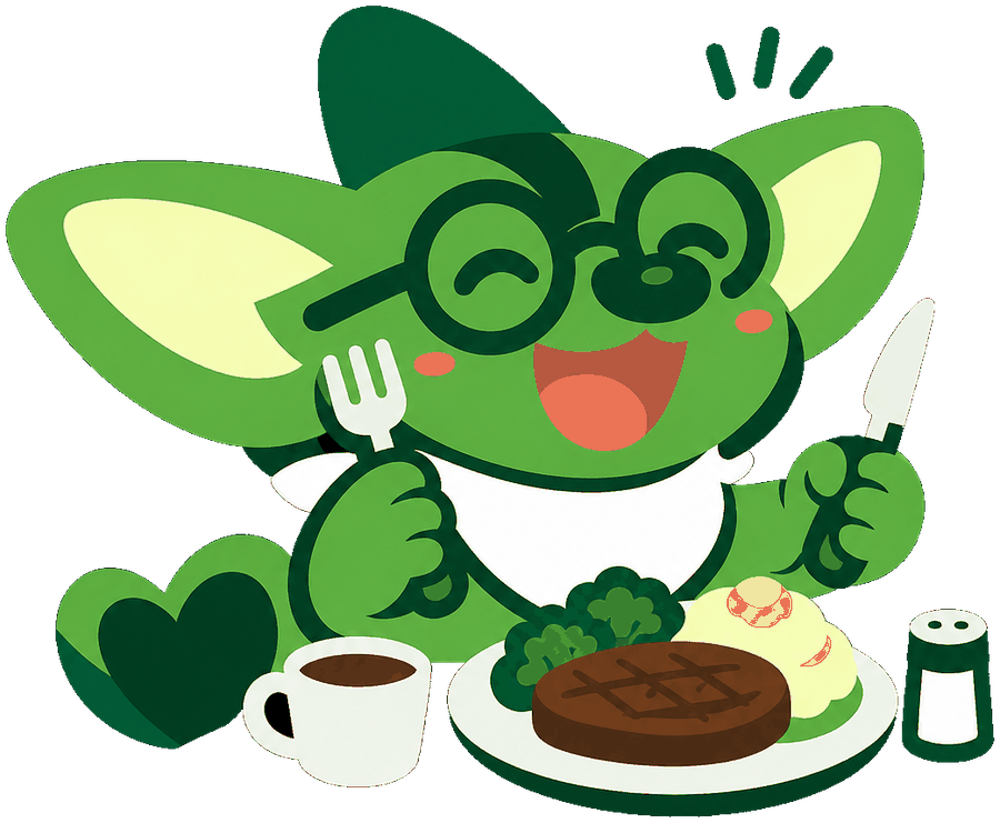 Kairi mascot happily sitting down to a meal with a fork and knife